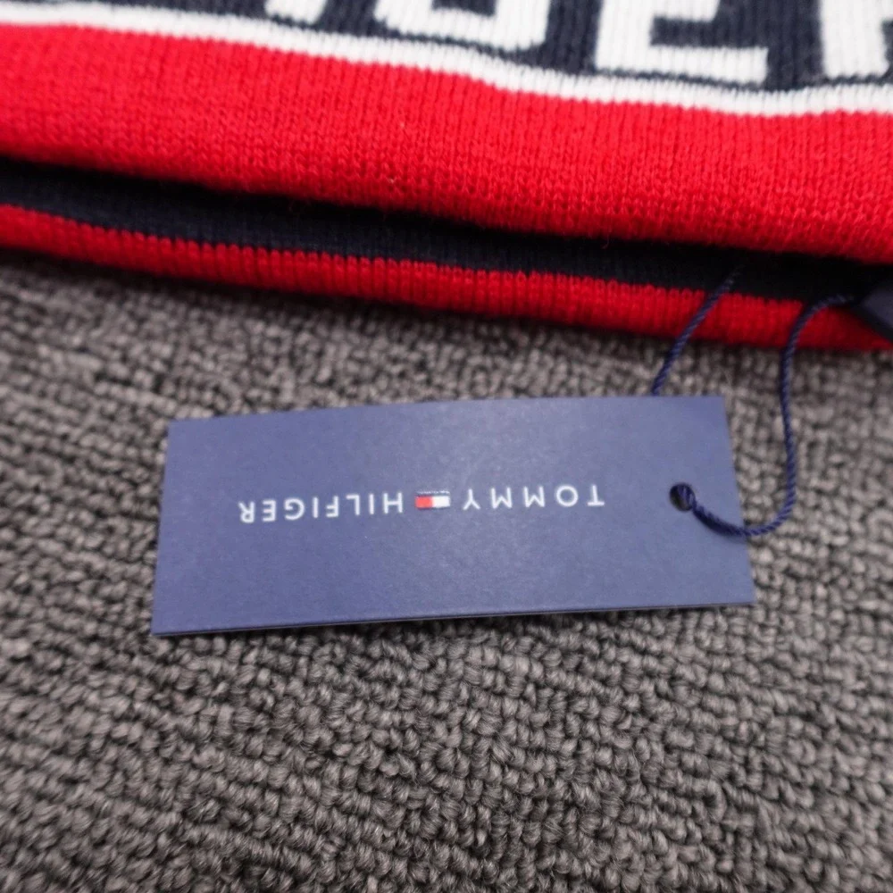 Tommy Hilfiger Hat Beanie Fitted Mens One Size Blue Red Stripe Logo Knit Winter